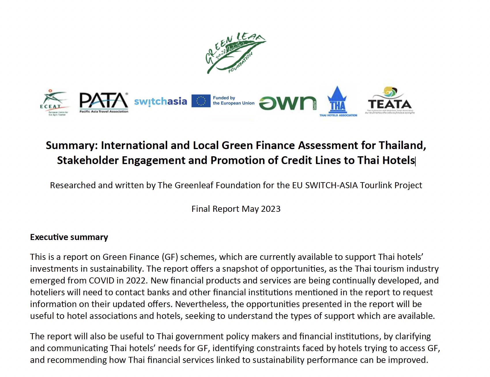 Summary: International and Local Green Finance Assessment for Thailand, Stakeholder Engagement and P...