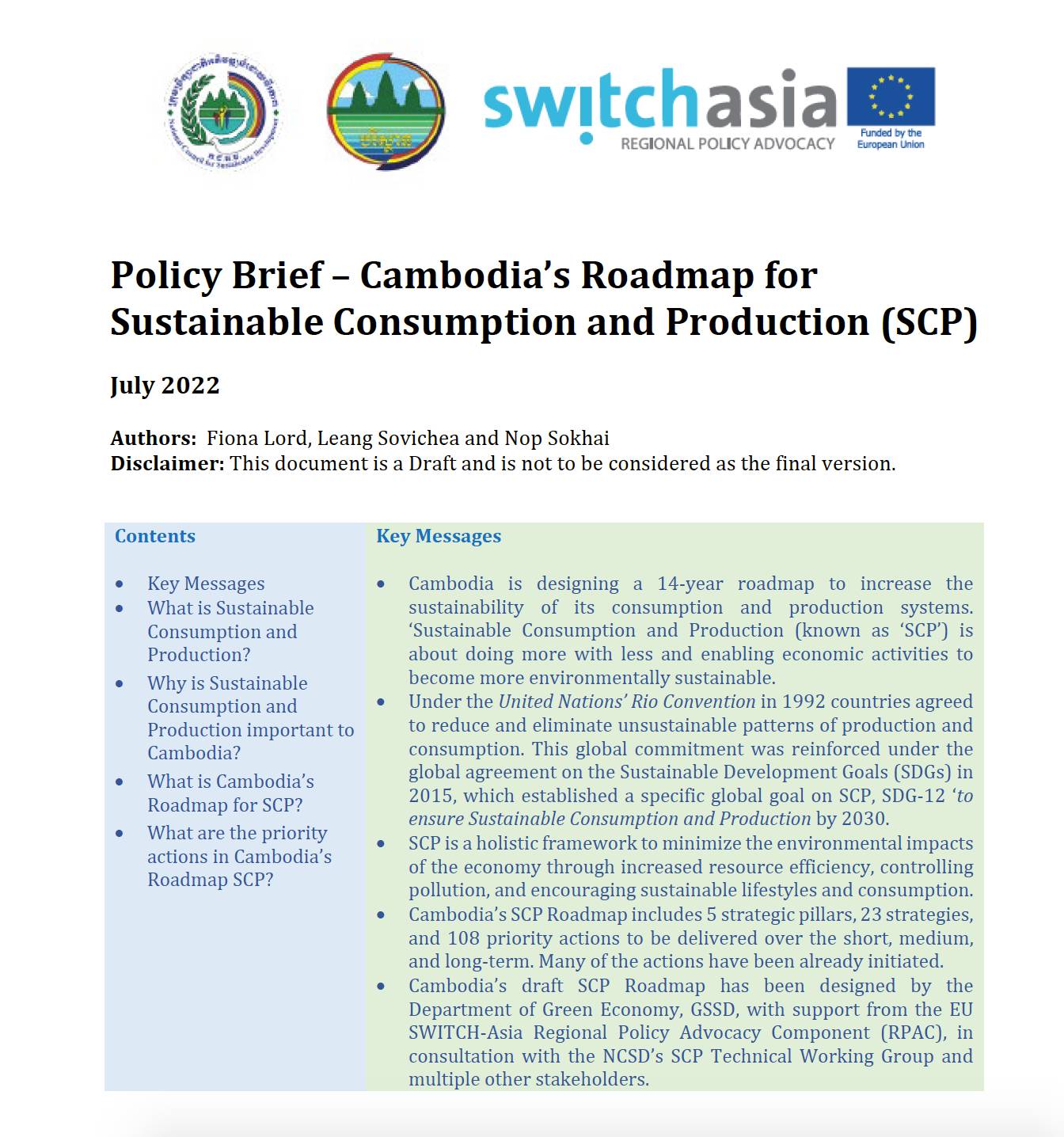 Policy Brief – Cambodia’s Roadmap for Sustainable Consumption and Production (SCP)
